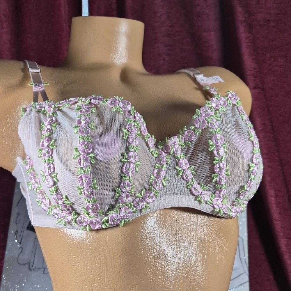 VICTORIA'S SECRET Delicate Floral Embroidered Lace Bra  - Pink/Green 2170